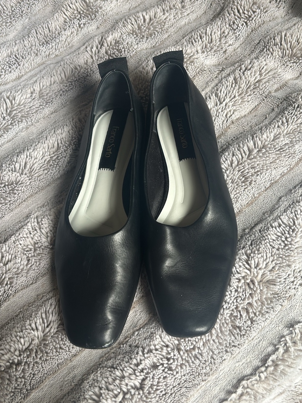 Franco Sarto Black Leather Square-Toe Slip-Ons